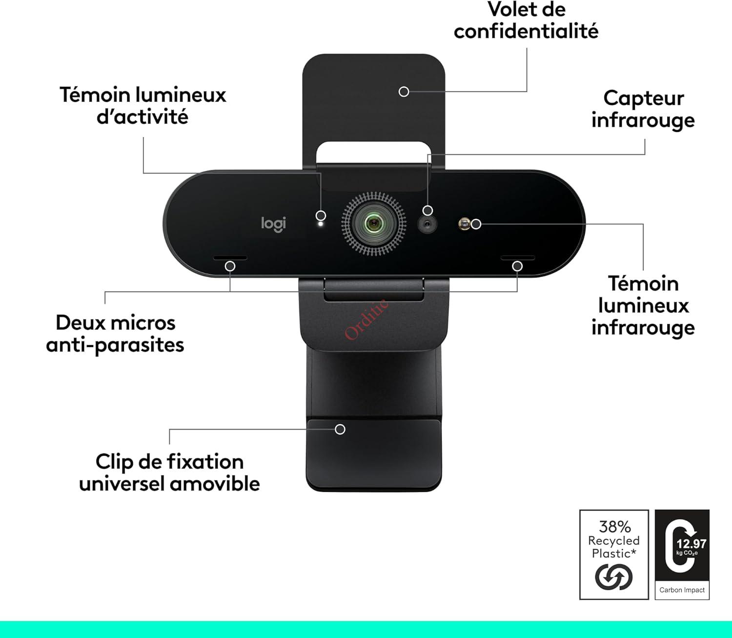 Logitech Brio Stream Webcam - Appels Vidéo HD Ultra 4K, Micro Anti-Bruit, Correction Automatique Lumière HD, Grand Angle, Compatible Microsoft Teams, Zoom, Google Meet PC / Mac - Noir