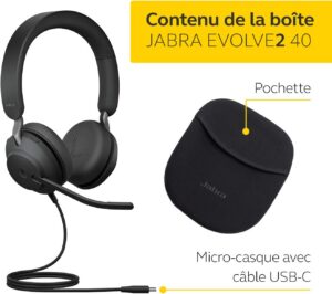 Casque stéréo Jabra Evolve2 40 pour PC, certifié Microsoft Teams, avec réduction de bruit active, technologie d'appel à 3 microphones, câble USB-C et coloris noir