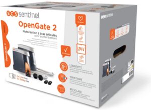 SCS Sentinel, OpenGate2 MBA0103 Portail battant motorisé à bras articulé, 24 V, 2 télécommandes, portée 50 m, ampoule LED clignotante, garantie 5 ans, longueur 5 m